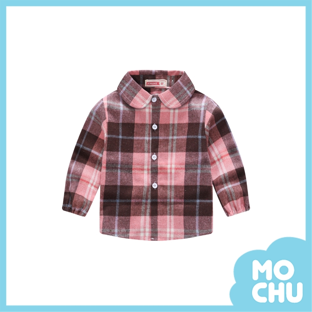 粉灰格子休閒長袖磨毛襯衫