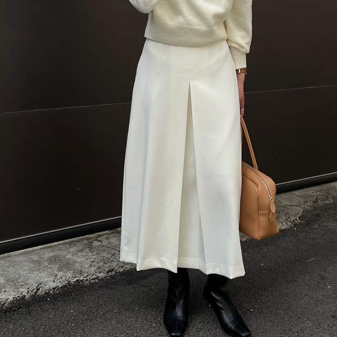 前設計打摺滑順A字裙(白SM/黑S)