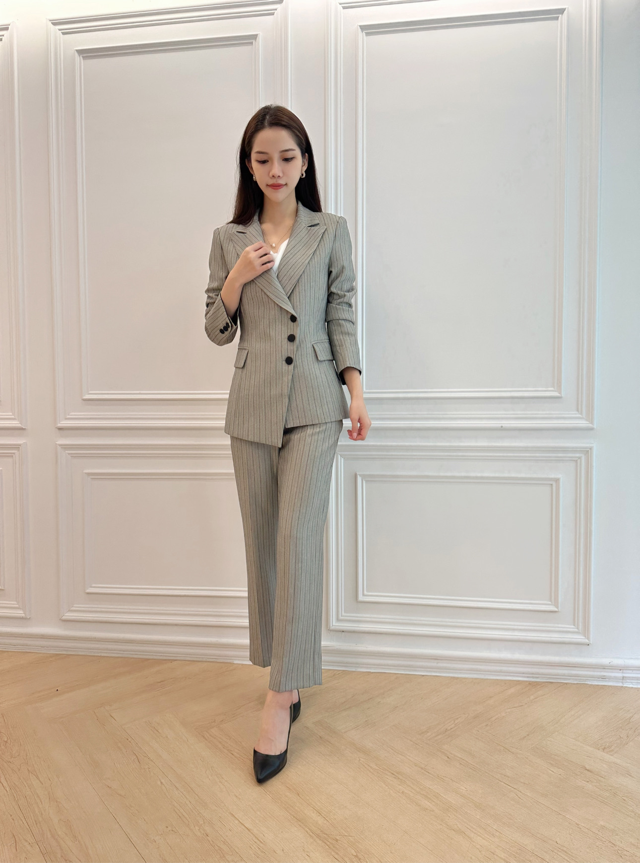 側釦劍領條紋西裝套裝- 褲(灰M)