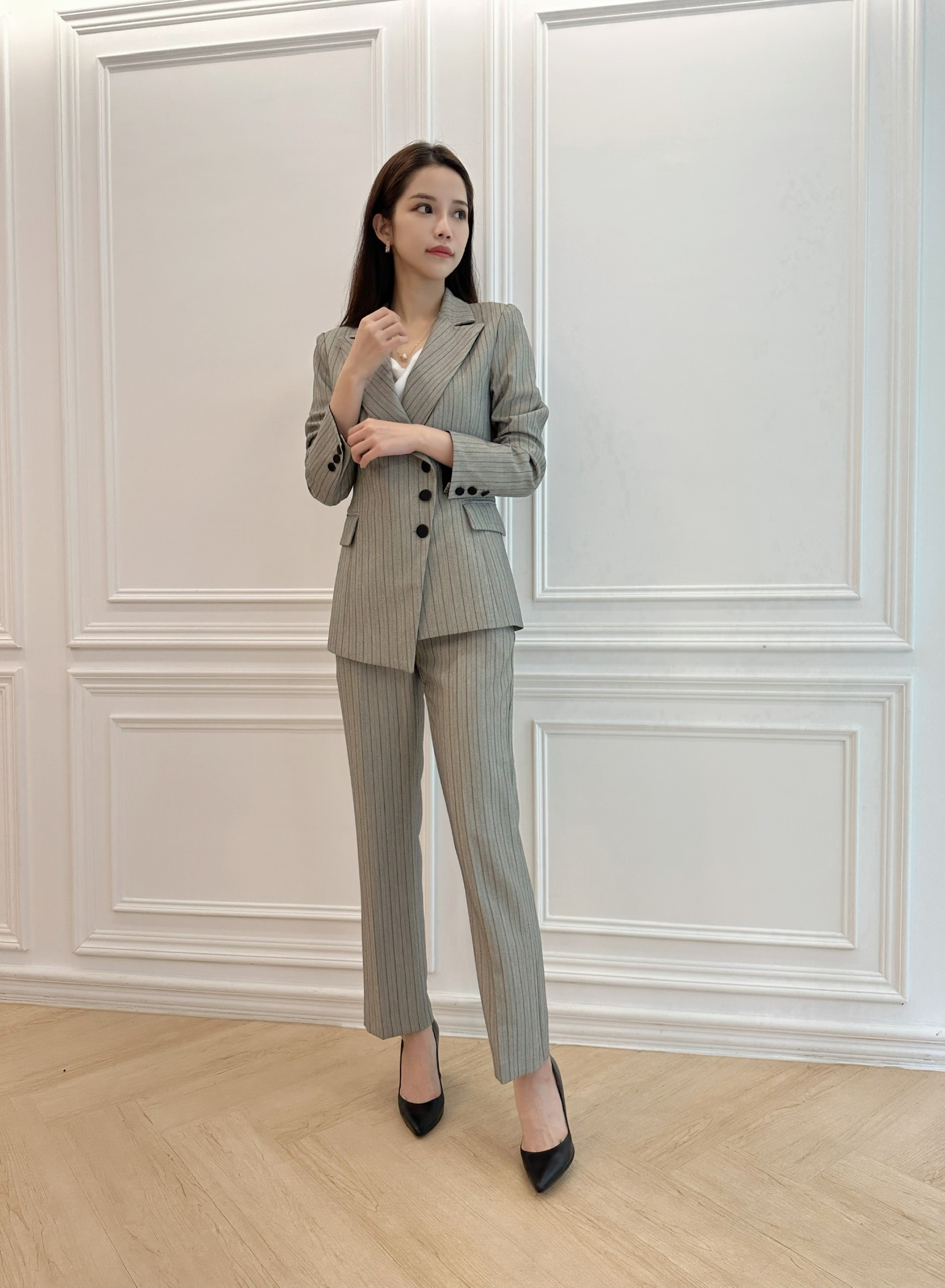 側釦劍領條紋西裝套裝- 褲(灰M)