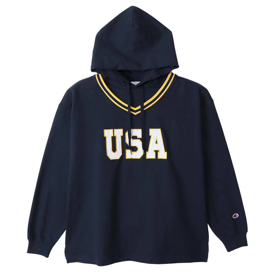 男款-Champion AS 印花連帽長Tee-深藍色（C3-W424-370）