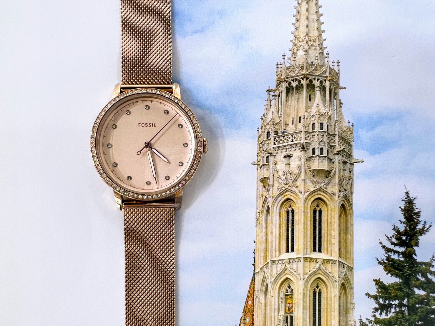 【Fossil】流沙粉晶鑽女錶 ES4364 34mm 現代鐘錶