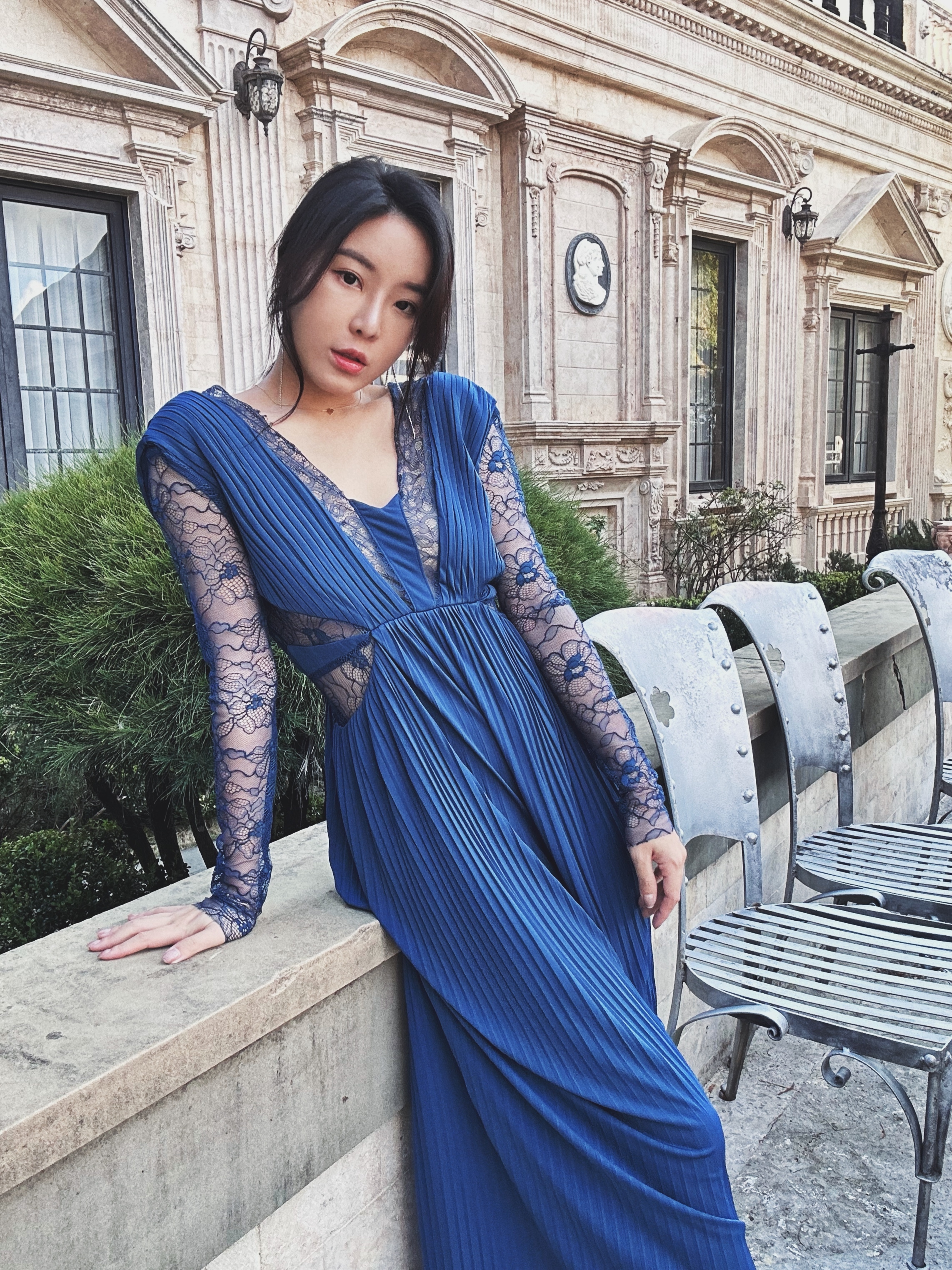 Date night 蕾絲拼接 雪紡連身長褲