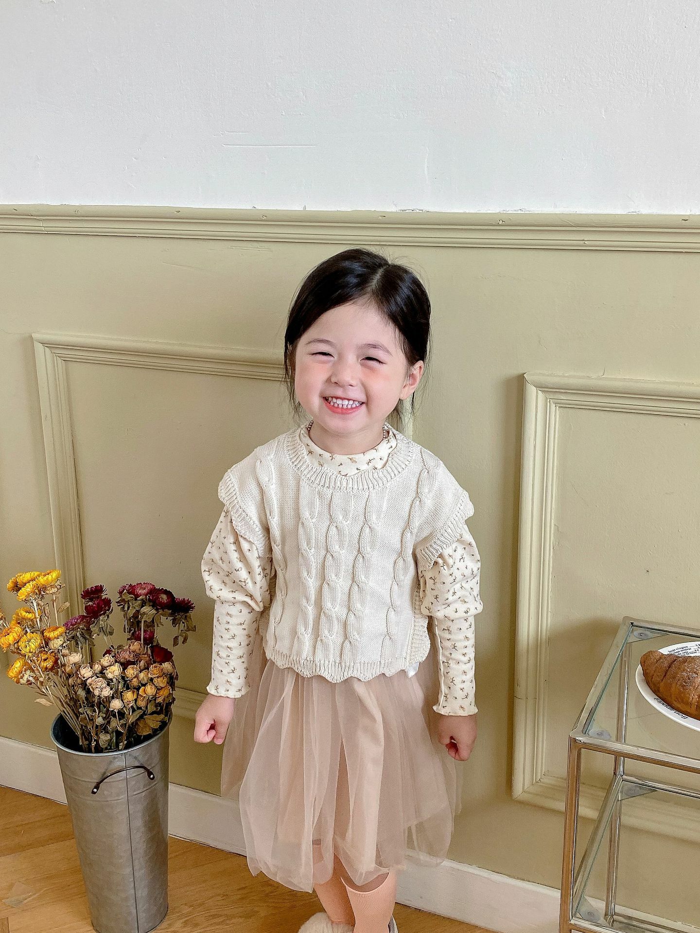 現貨 杏色90cm 側綁帶麻花針織背心 2色 90-130cm