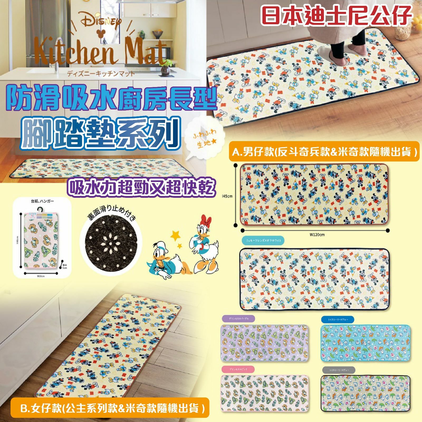 日本迪士尼公仔防滑吸水廚房長型腳踏墊系列