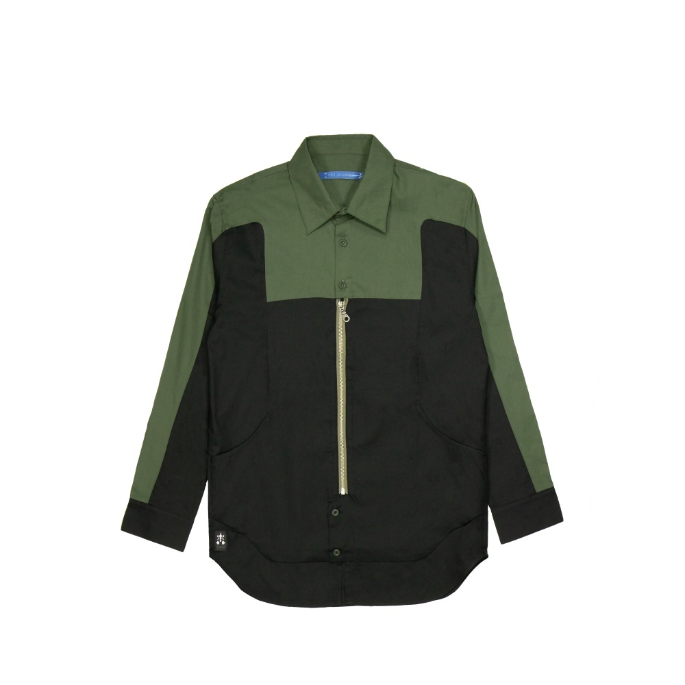 拼色長袖拉鍊襯衫-黑