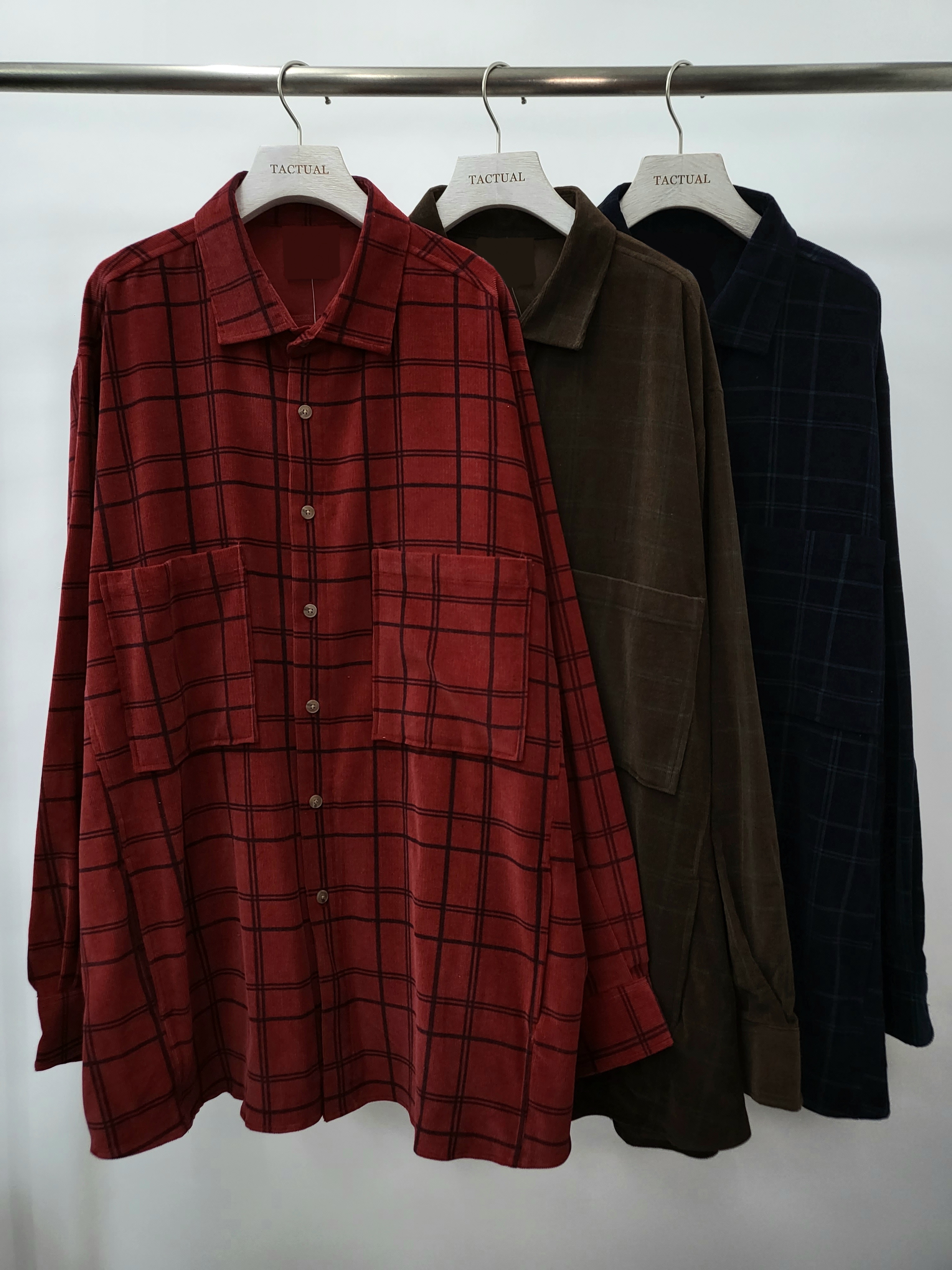 Oversize薄燈心絨格仔長袖恤衫 S1925