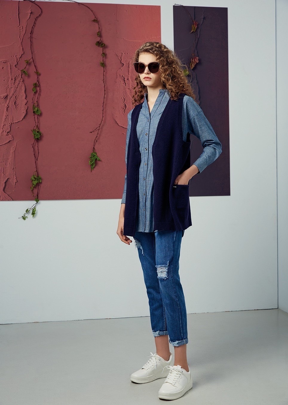 雙口袋造型開襟毛衣背心R6581