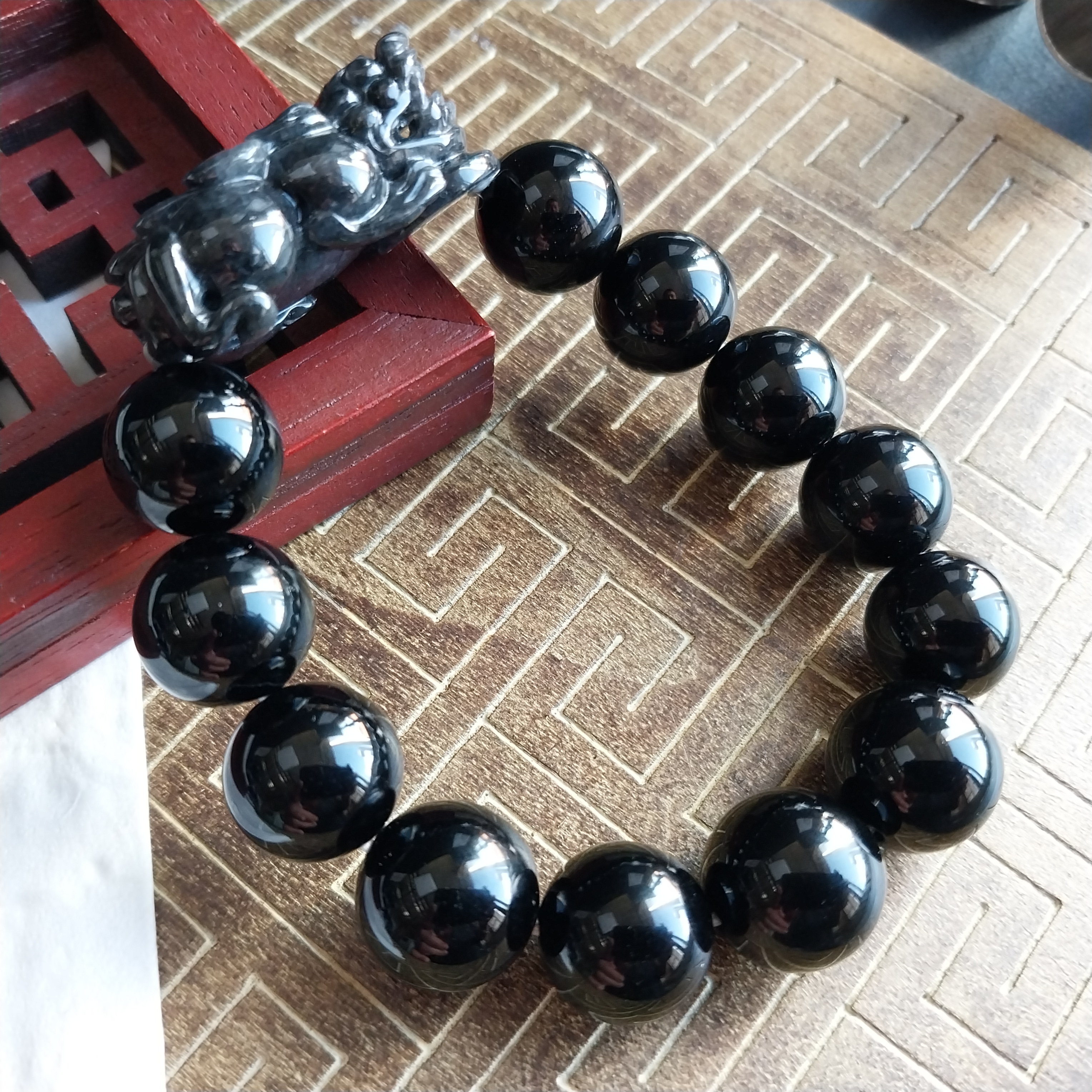 烏雞種貔貅+墨翠珠手串, 天然翡翠A玉, 緬甸玉, Jade, Jadeite