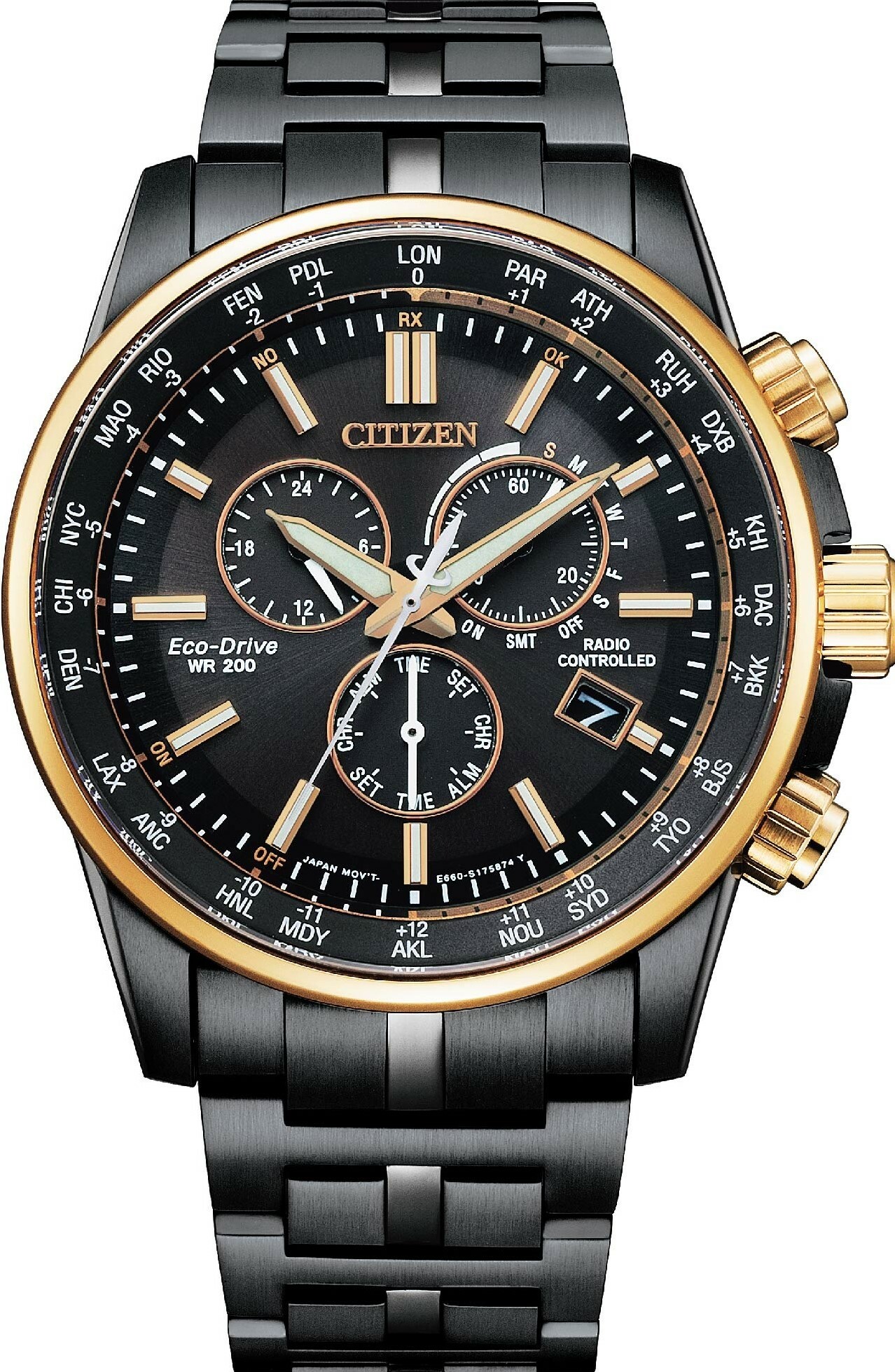 萬年鐘錶 - Citizen 星辰錶  經典全黑世界時間電波對時男錶 CB5888-87E 錶徑42.5MM