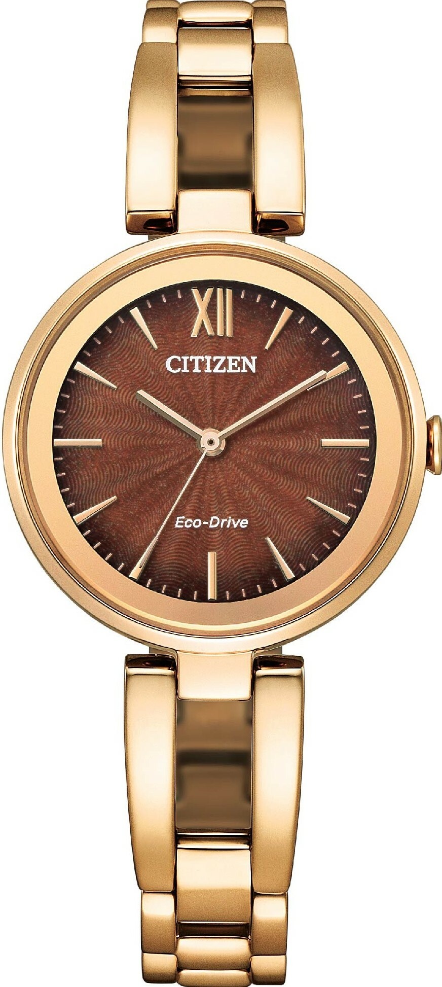 萬年鐘錶 - Citizen 星辰錶   玫瑰金咖啡色錶盤細緻光動能 女錶  EM0809-83X 錶徑 28MM