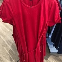 [S] TOMMY HILFIGER WOMEN'S ROUND NECK MINNI FLAG LOGO BELTED COTTON SHORT SLEEVE SLIT DRESS,RED, 76J2694-600 (STH95)