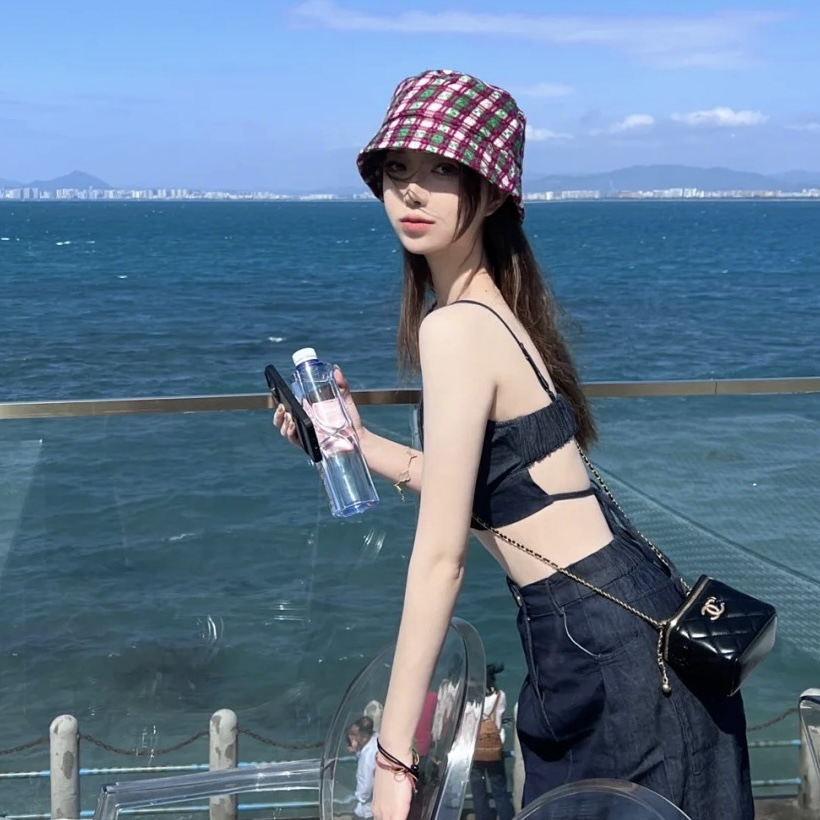 撞色格紋 韓國漁夫帽