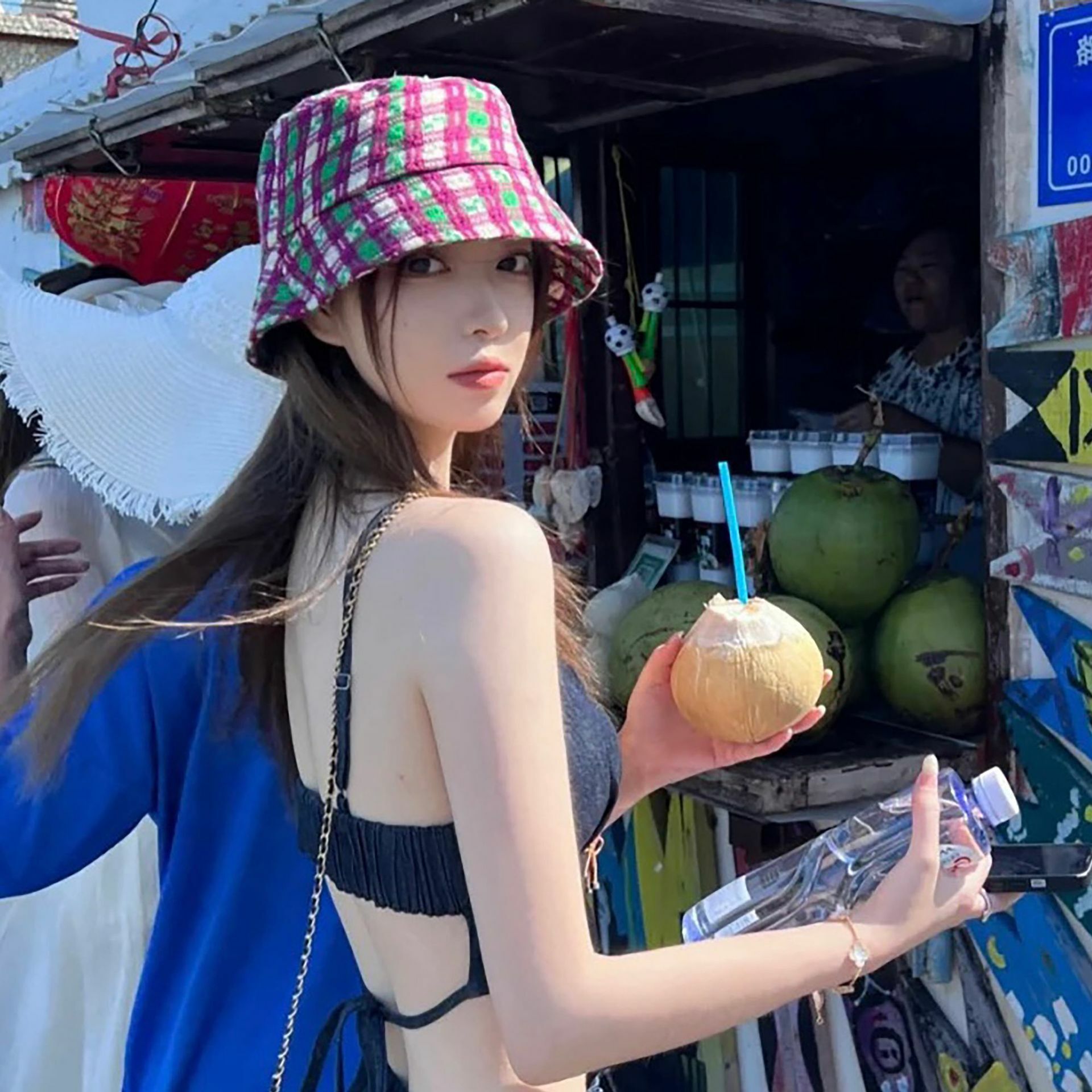 撞色格紋 韓國漁夫帽