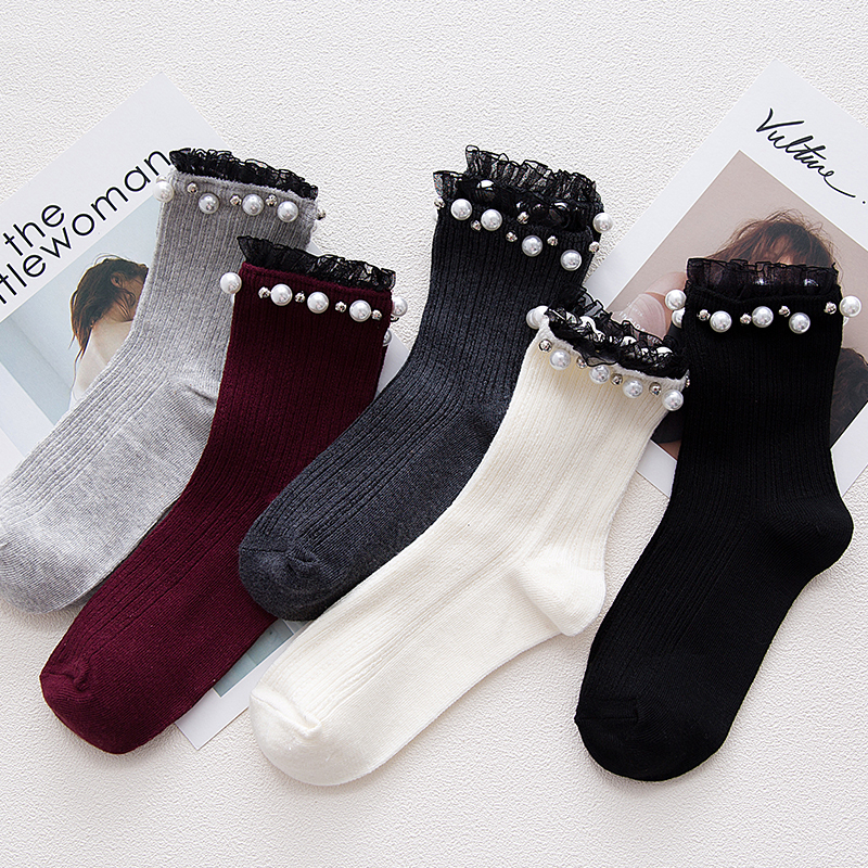 珠珠蕾絲中筒襪 五色