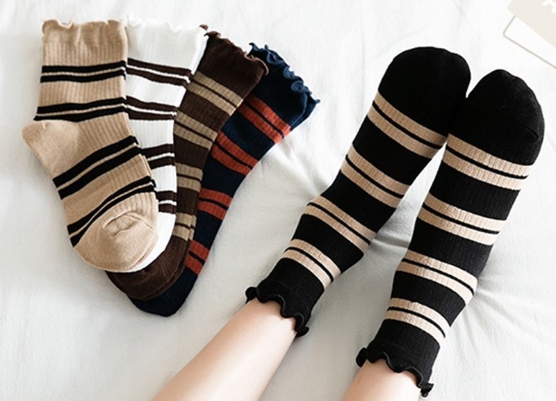 木耳雙條紋中筒襪 五色
