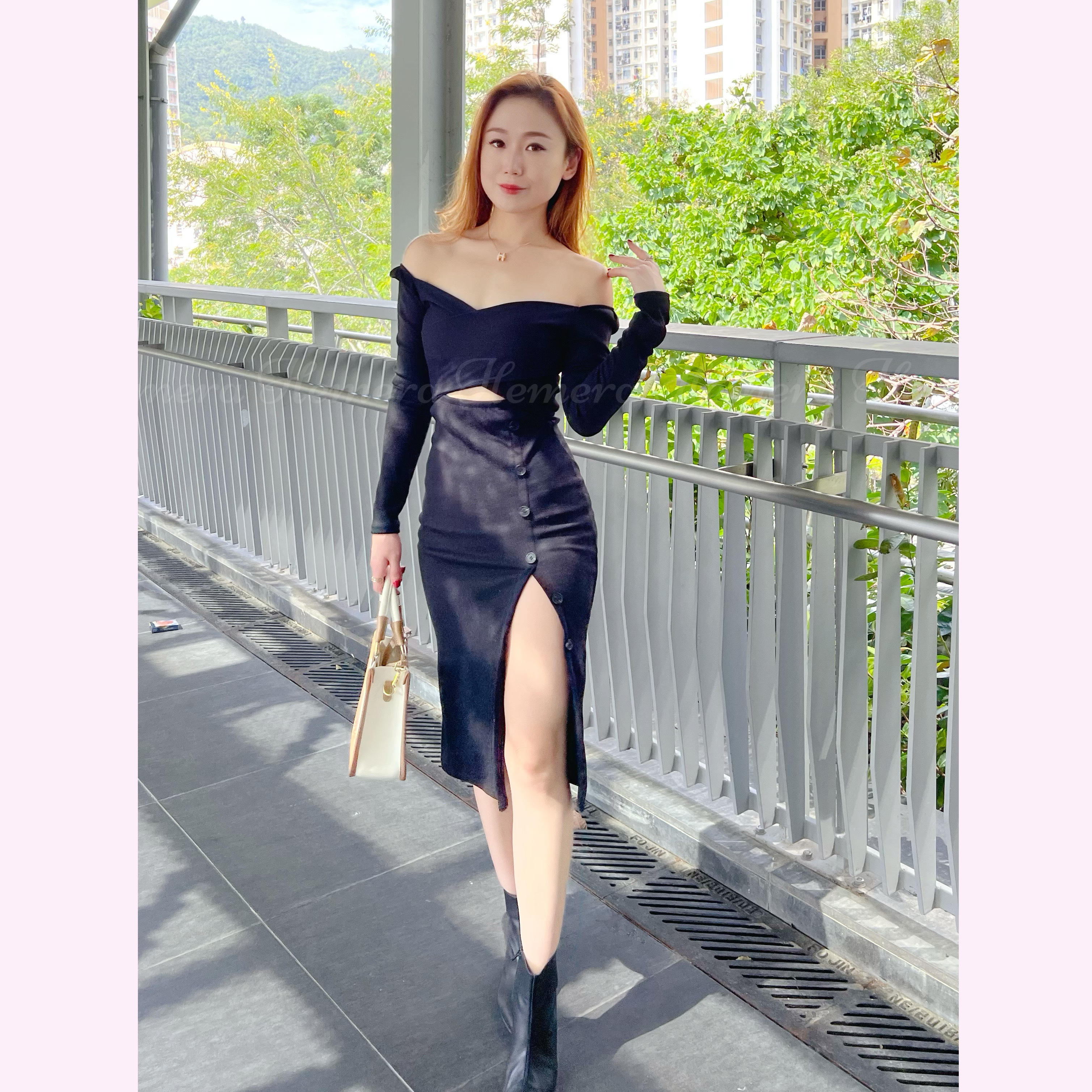 DR22S1037 一字膊性感大開叉連身裙