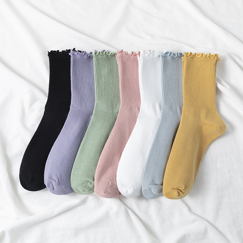木耳領純色中筒襪 七色