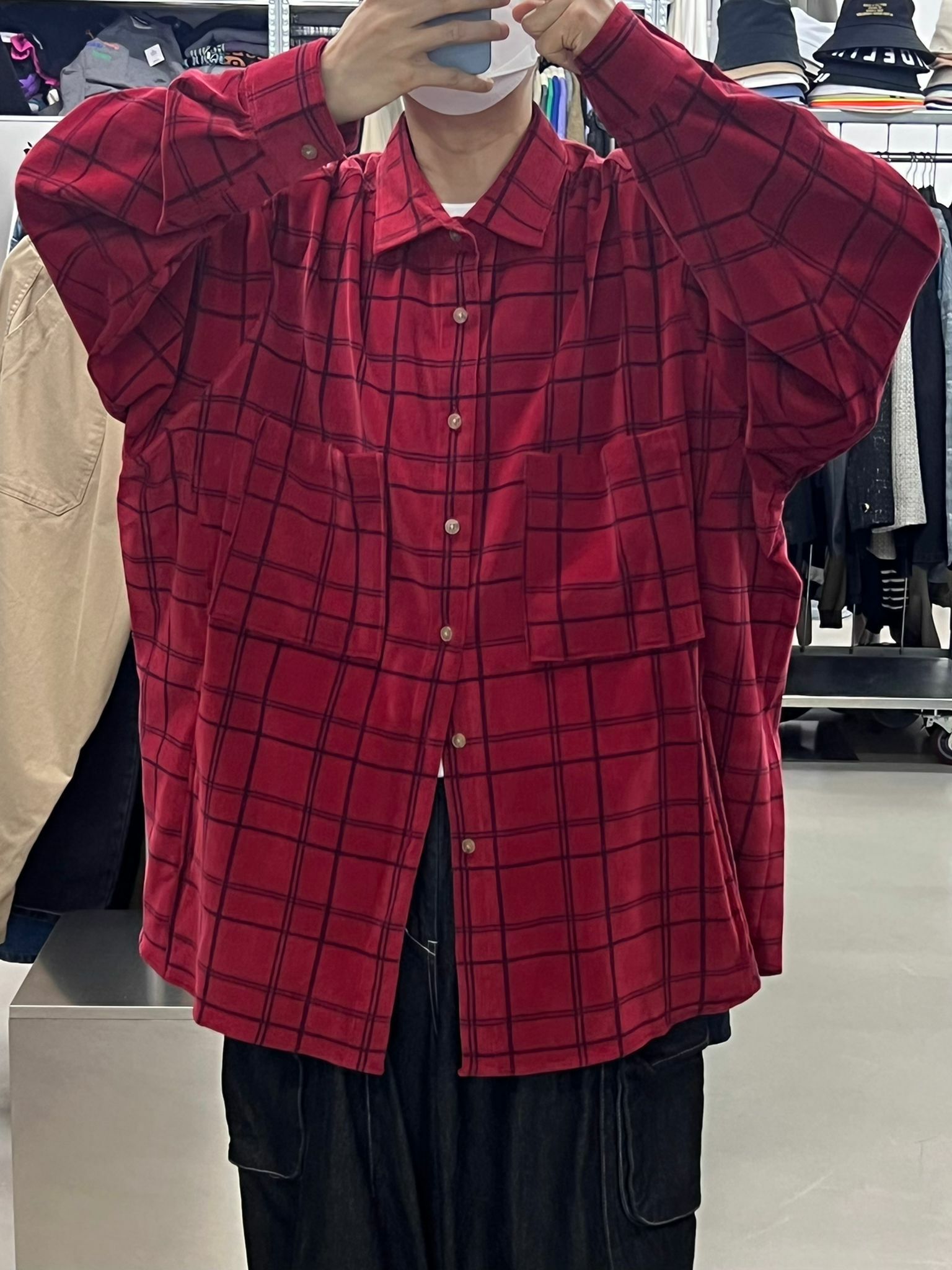 Oversize薄燈心絨格仔長袖恤衫 S1925