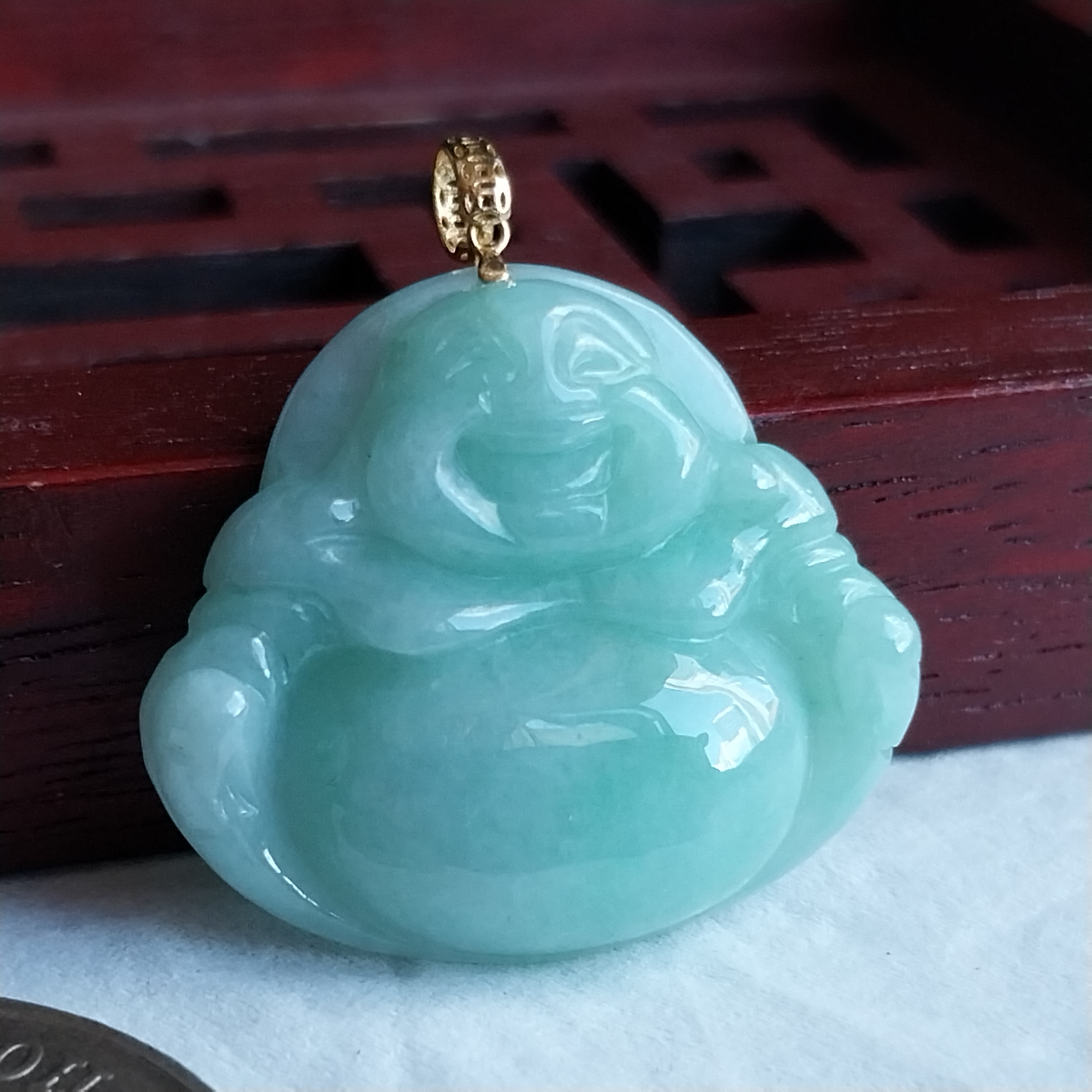 冰糯綠笑佛+18K金扣, 天然翡翠A玉, 緬甸玉, Jade, Jadeite