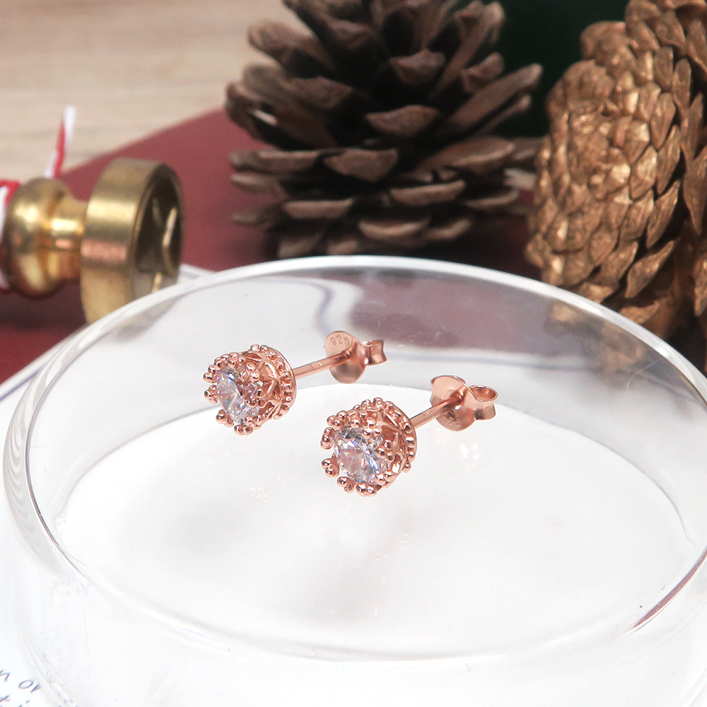 優雅翠冠耳環 方晶鋯石款 925純銀針式耳環 玫瑰金色