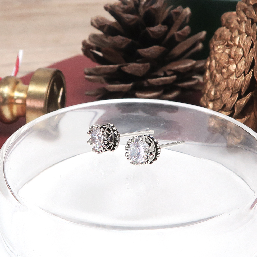 優雅翠冠耳環 方晶鋯石款 925純銀針式耳環 復古黑色