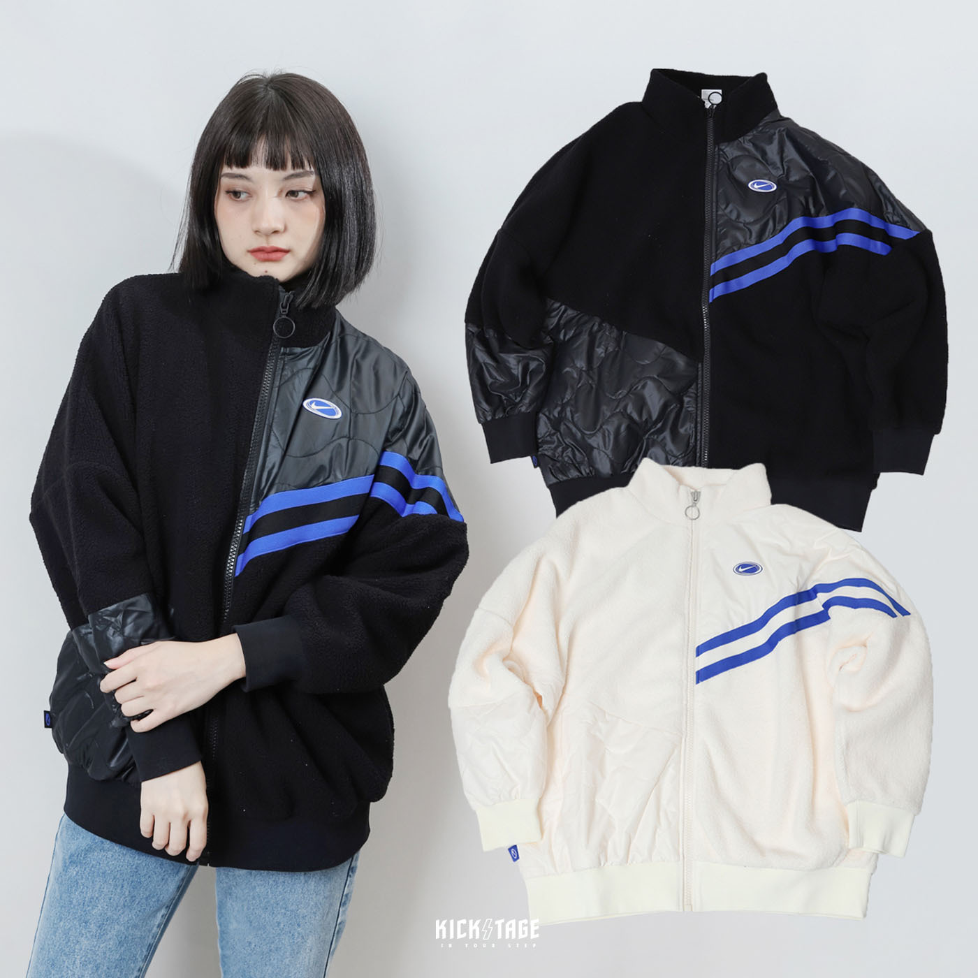 **特價商品售出不退換**女款 NIKE NSW PEACE JACKET 黑色 奶油白 藍勾 復古拼接 搖粒絨 毛絨 菱格紋 保暖外套【FB1821-118】NKPCE