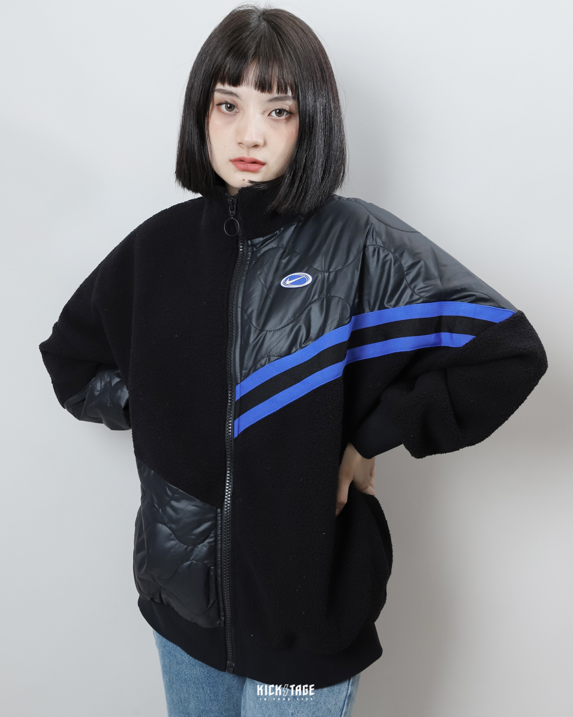 **特價商品售出不退換**女款 NIKE NSW PEACE JACKET 黑色 奶油白 藍勾 復古拼接 搖粒絨 毛絨 菱格紋 保暖外套【FB1821-118】NKPCE