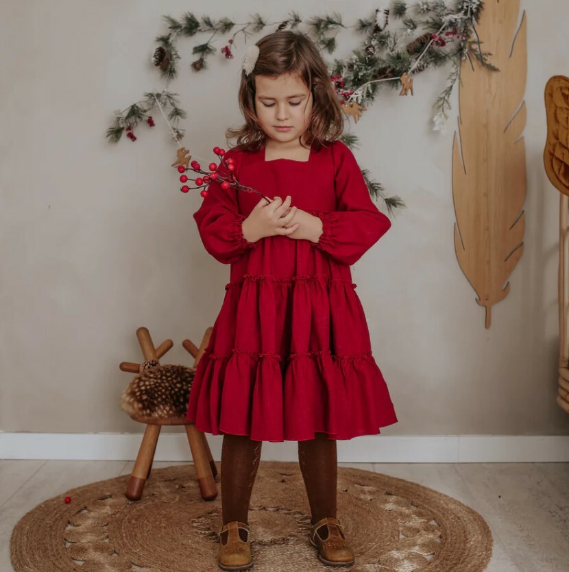 Dannie and Lilou-Long Sleeve Tiered Dress(Berry)