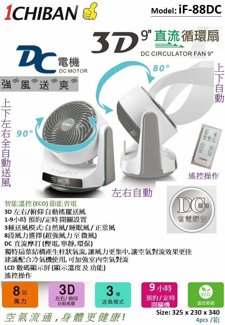 1CHIBAN (DC慳電靜音-智能遙控版)全自動上下左右搖擺強勁對流風扇(iF-88DC) (P3360)