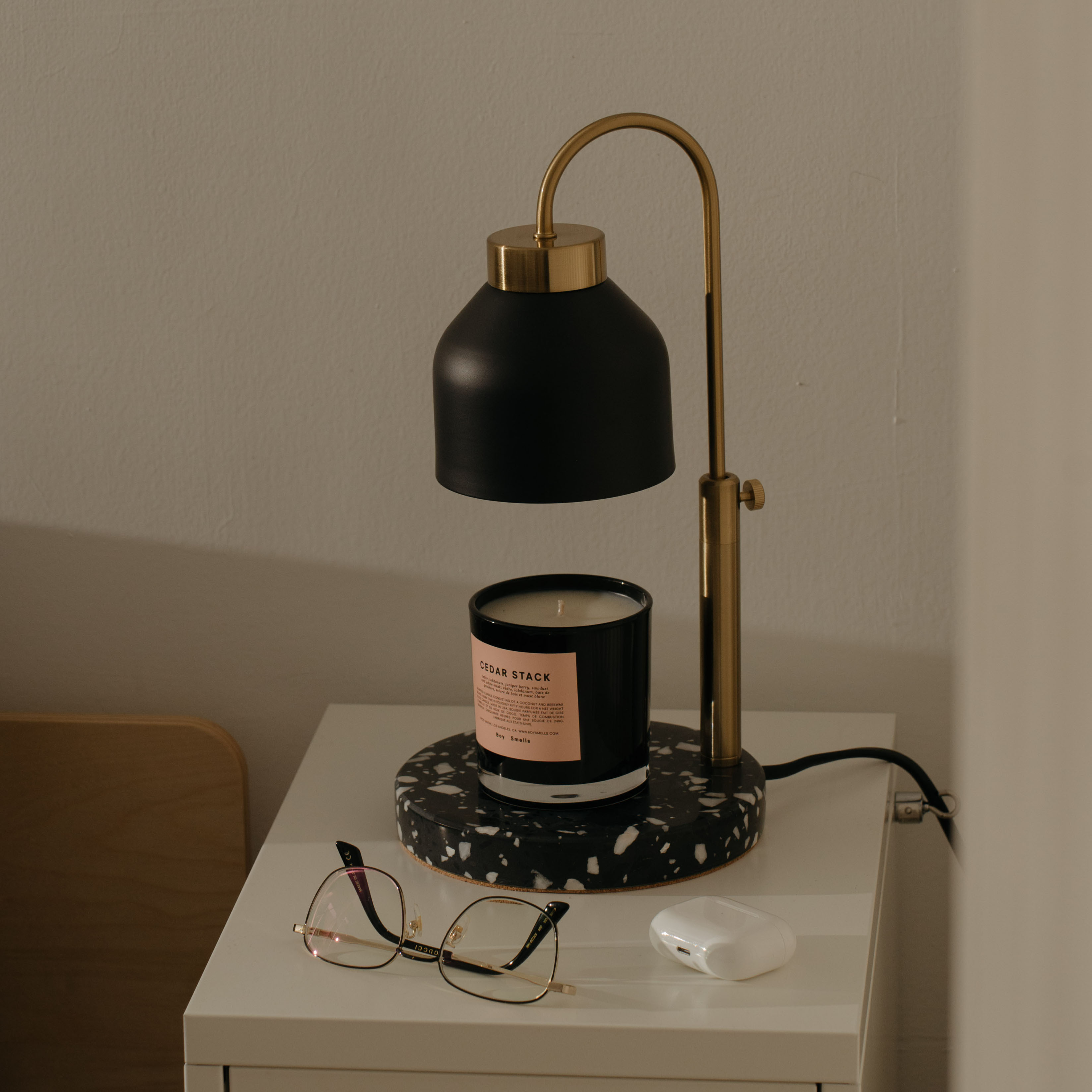 可調升降圓底水磨石款 (黑色 / 定時開關) 融蠟燈 香氛蠟燭暖燈 - HOOOME