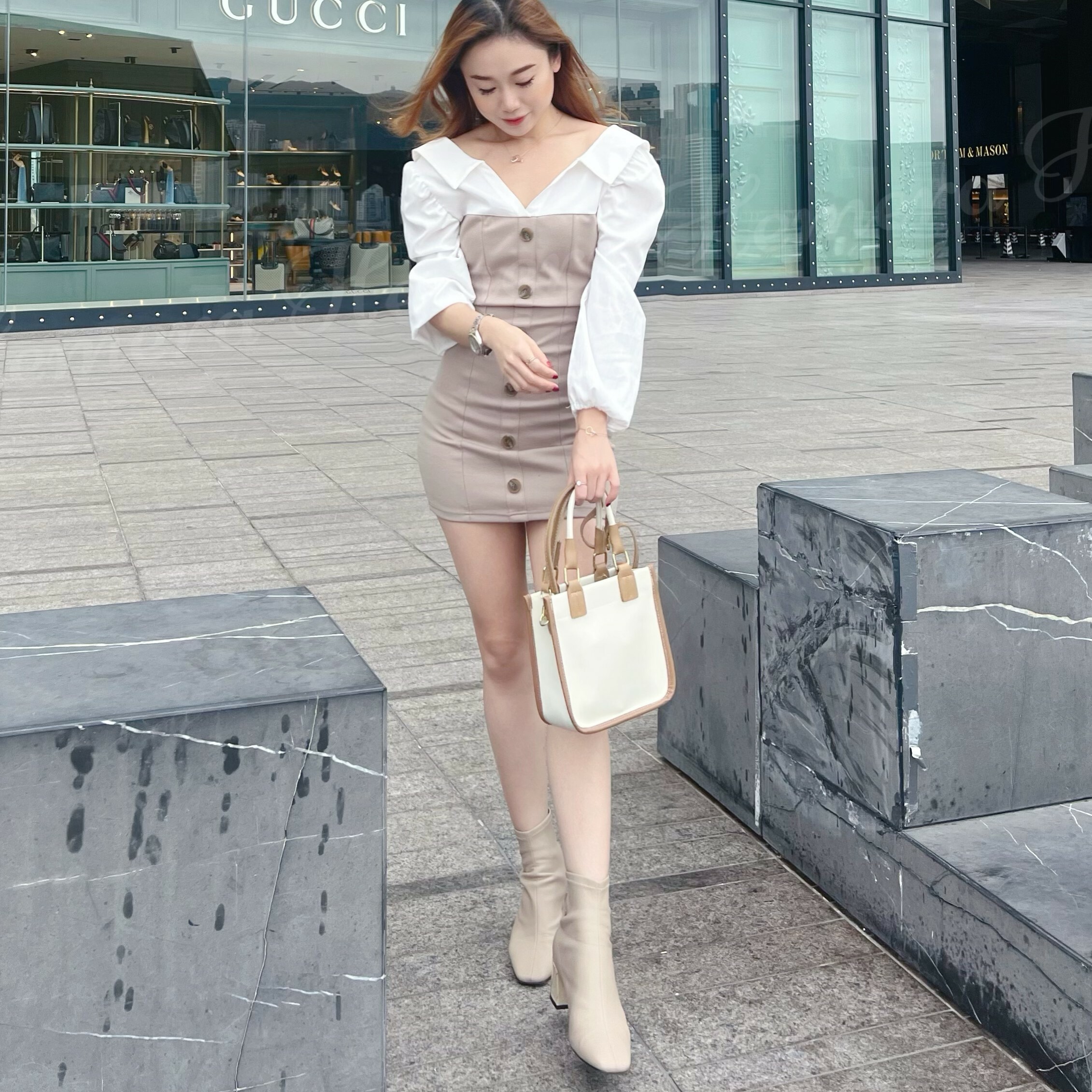 DR22S1129 女神襯衫拼鈕棉料貼身連身裙