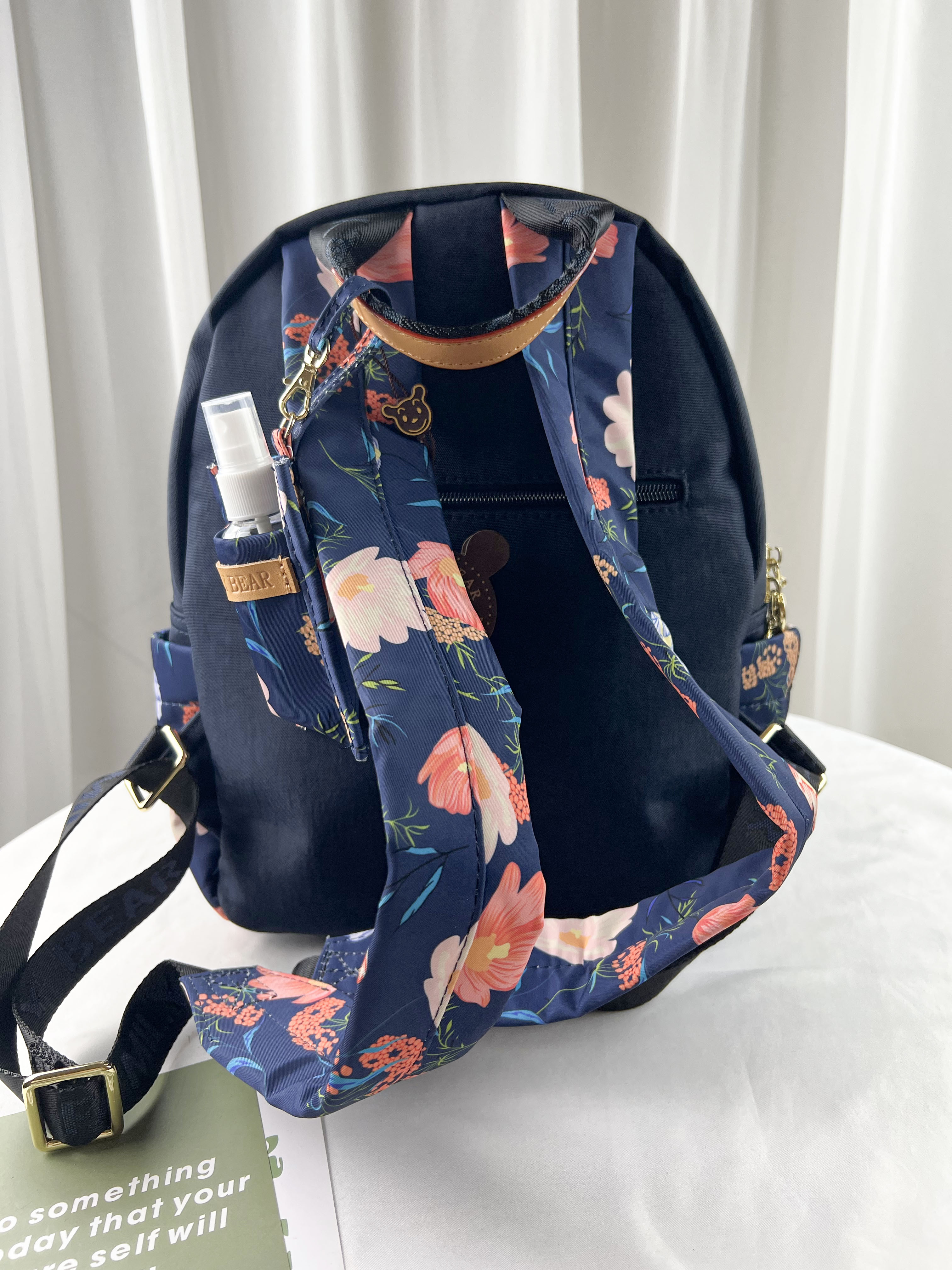 FamilyBear 藍橙花拼色防潑水後背包 / 側背包 附酒精保護套+酒精瓶 #2805