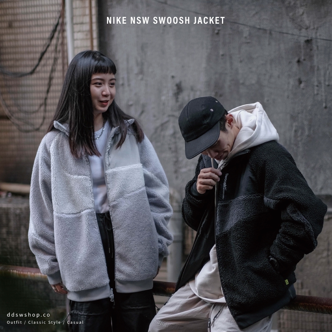 Nike NSW Swoosh Jacket 外套 雙面穿 拼接 羊羔毛 防風 大勾 刺繡Logo 背圖 黑 FB1910-010 淺灰藍 FB1910-012