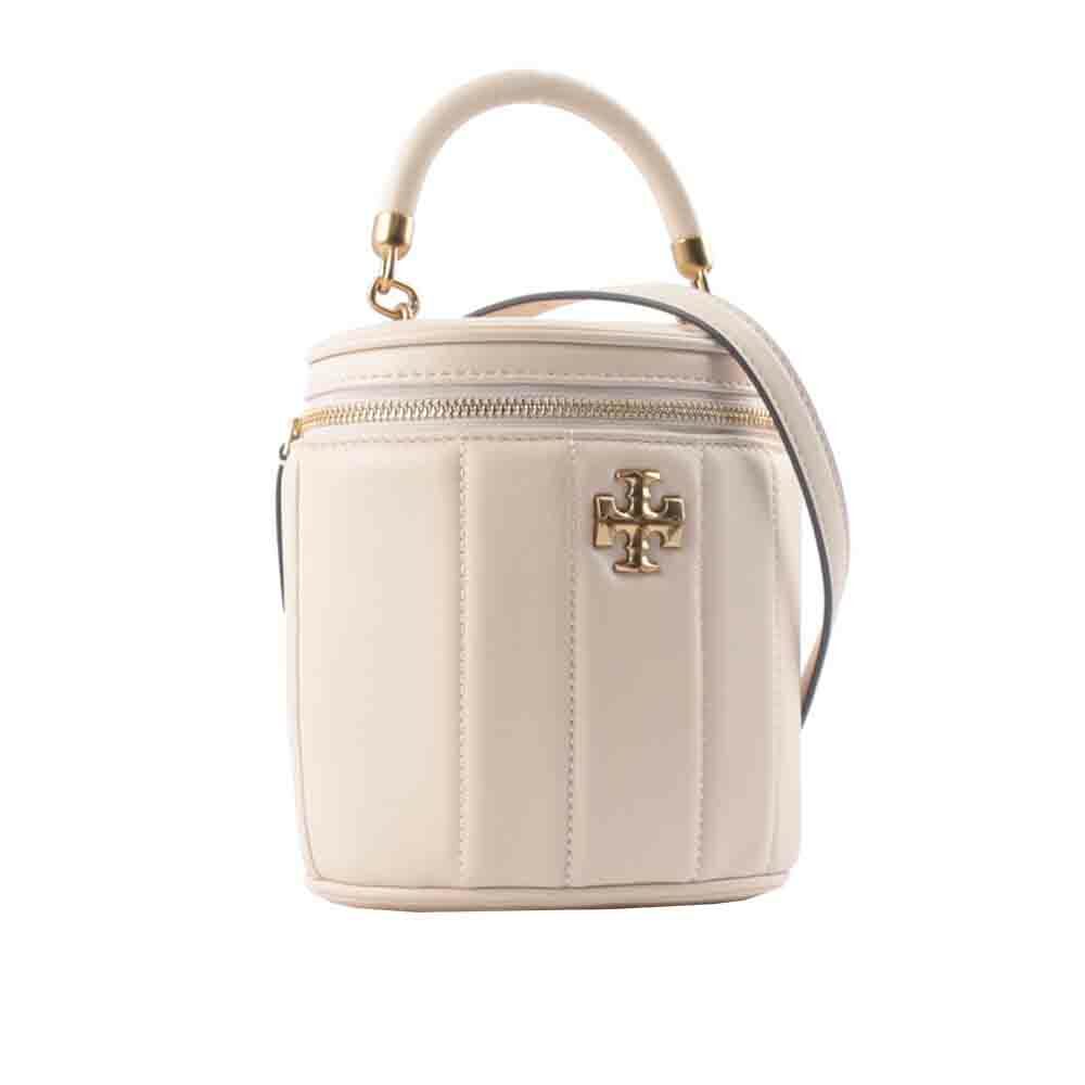 【Tory Burch】Kira 直條縫線皮革手提/斜背二用化妝箱(乳酪白)
