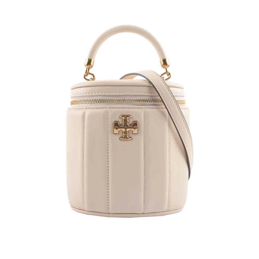 【Tory Burch】Kira 直條縫線皮革手提/斜背二用化妝箱(乳酪白)