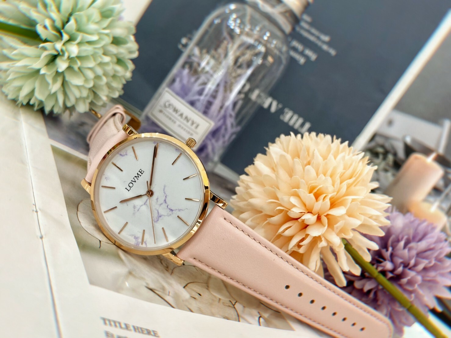 【LOVME】小清新大理石紋皮革錶帶 VL5012B-48-241(粉) 38MM現代鐘錶