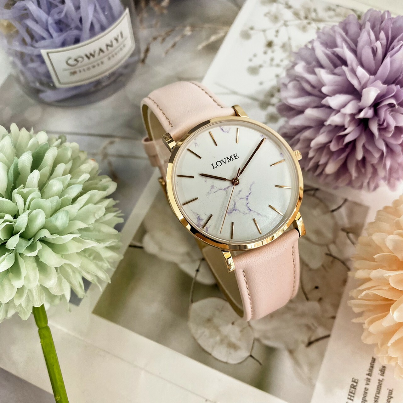 【LOVME】小清新大理石紋皮革錶帶 VL5012B-48-241(粉) 38MM現代鐘錶