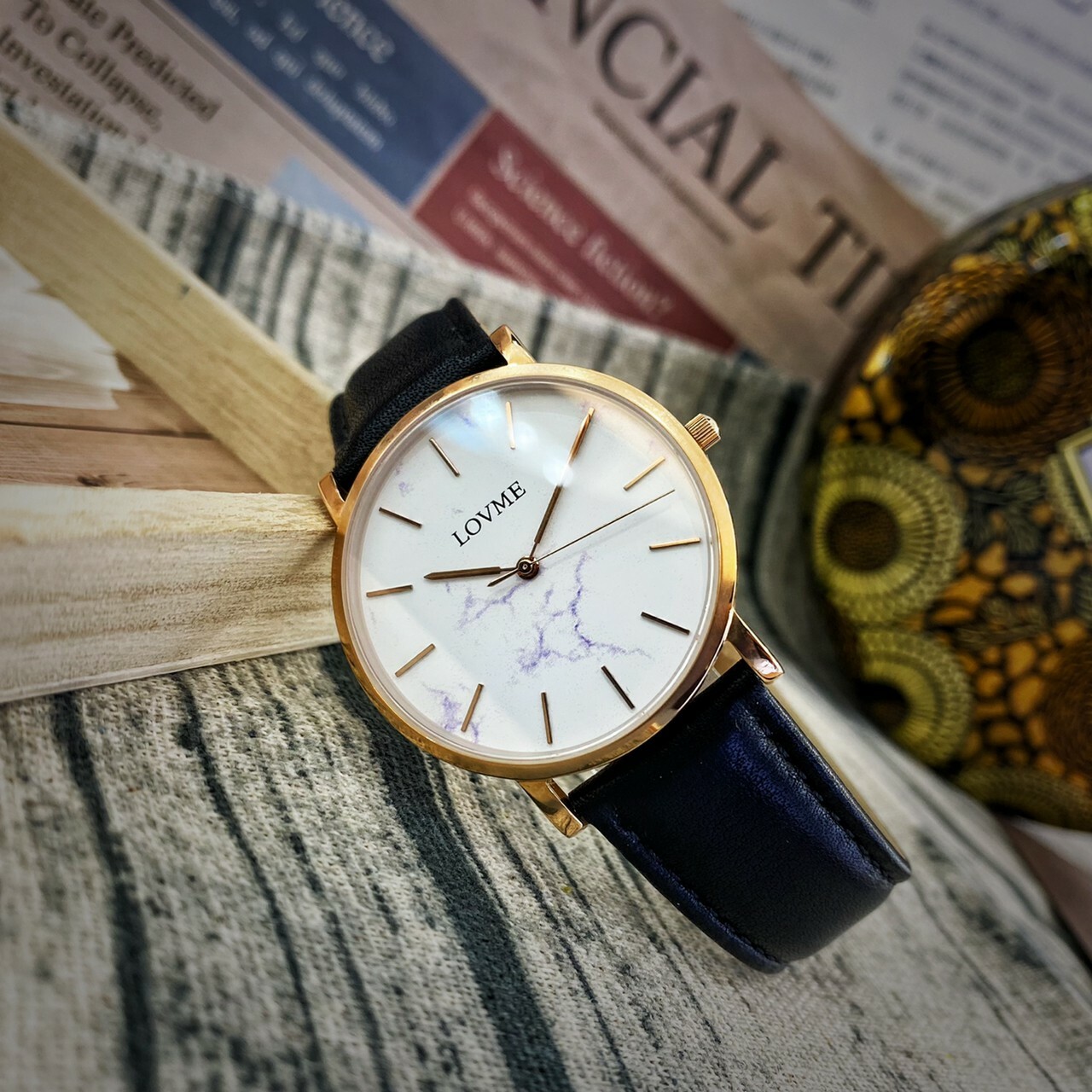 【LOVME】小清新大理石紋皮革錶帶 VL5012B-43-241(黑) 38MM 現代鐘錶