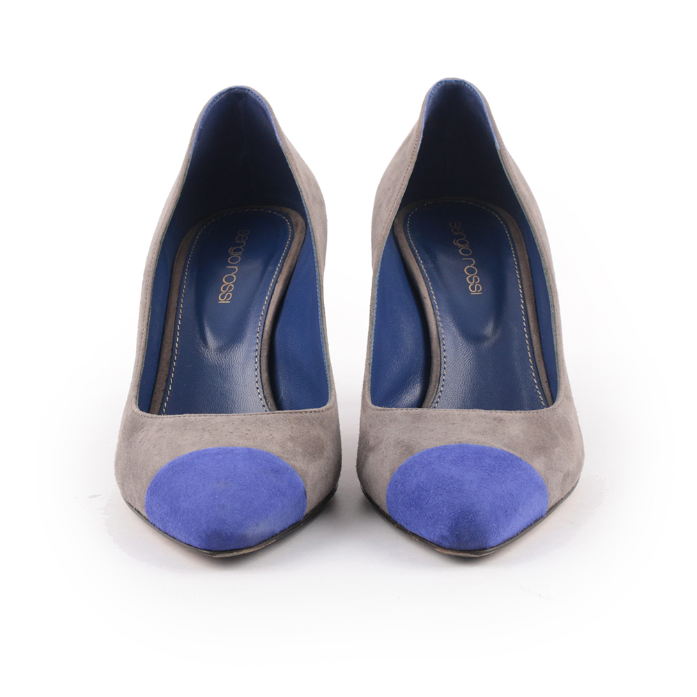 【SERGIO ROSSI】麂皮低跟鞋(電子藍/霧灰色)(37)