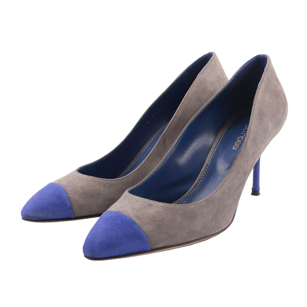 【SERGIO ROSSI】麂皮低跟鞋(電子藍/霧灰色)(37)