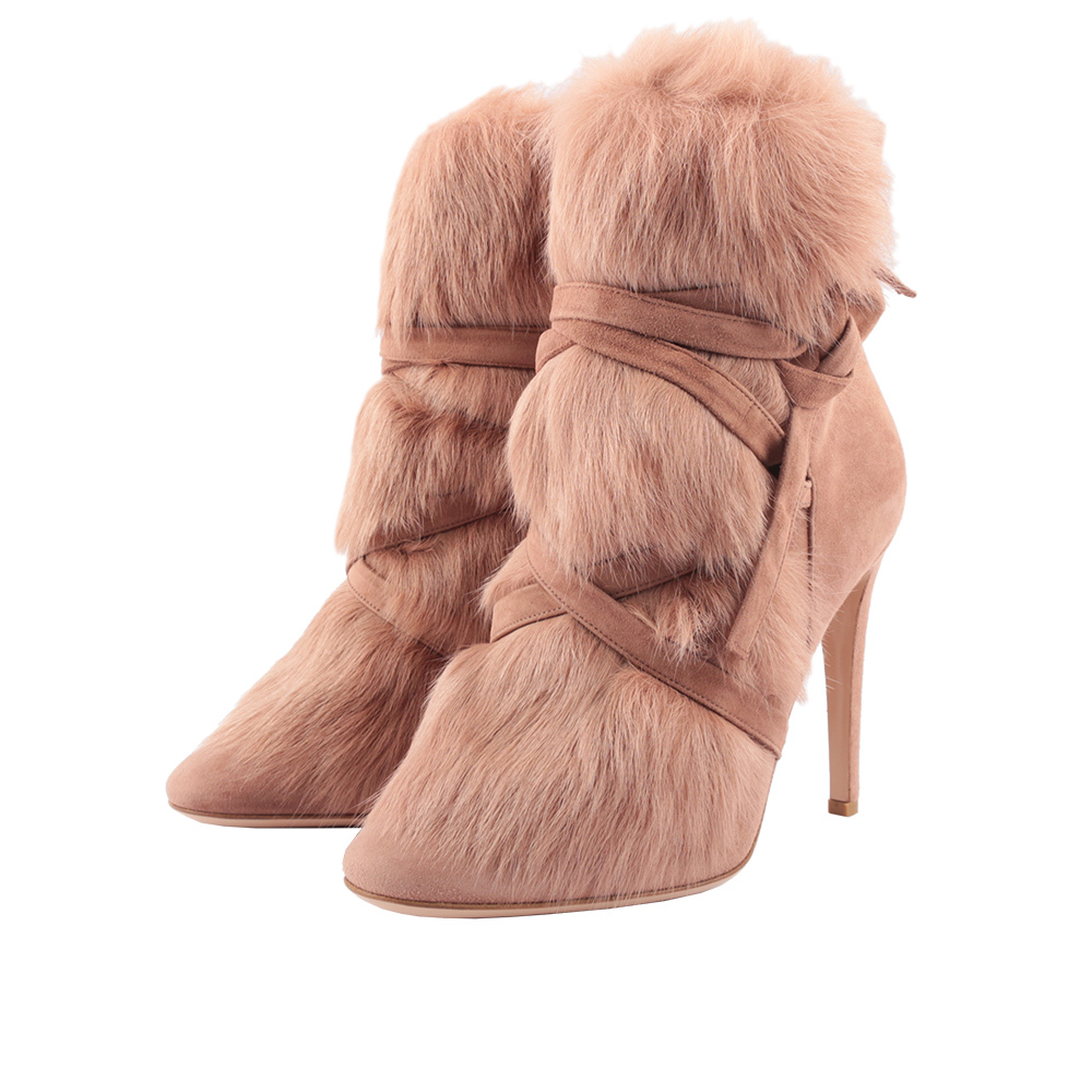 【Gianvito Rossi】Moritz 綁帶毛毛高跟鞋(粉色)(39)