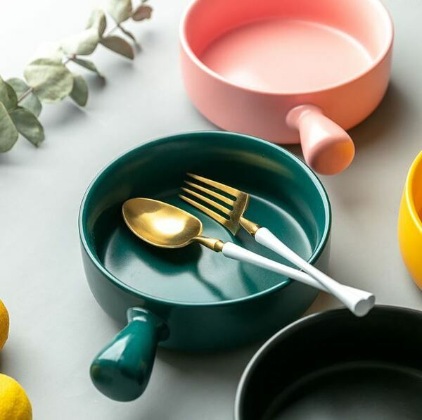 【Hook's嚴選】日式簡約單柄碗  單手好拿耐高温烤碗相見恨晚 陶瓷家用沙拉碗泡麵碗  