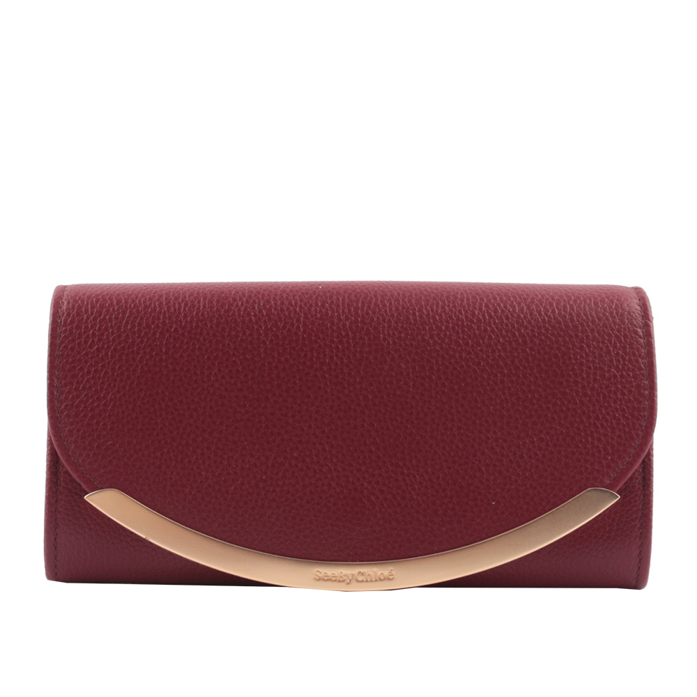 【See by Chloé】Lizzie 弧形標誌牛皮翻蓋長夾(深紅色)