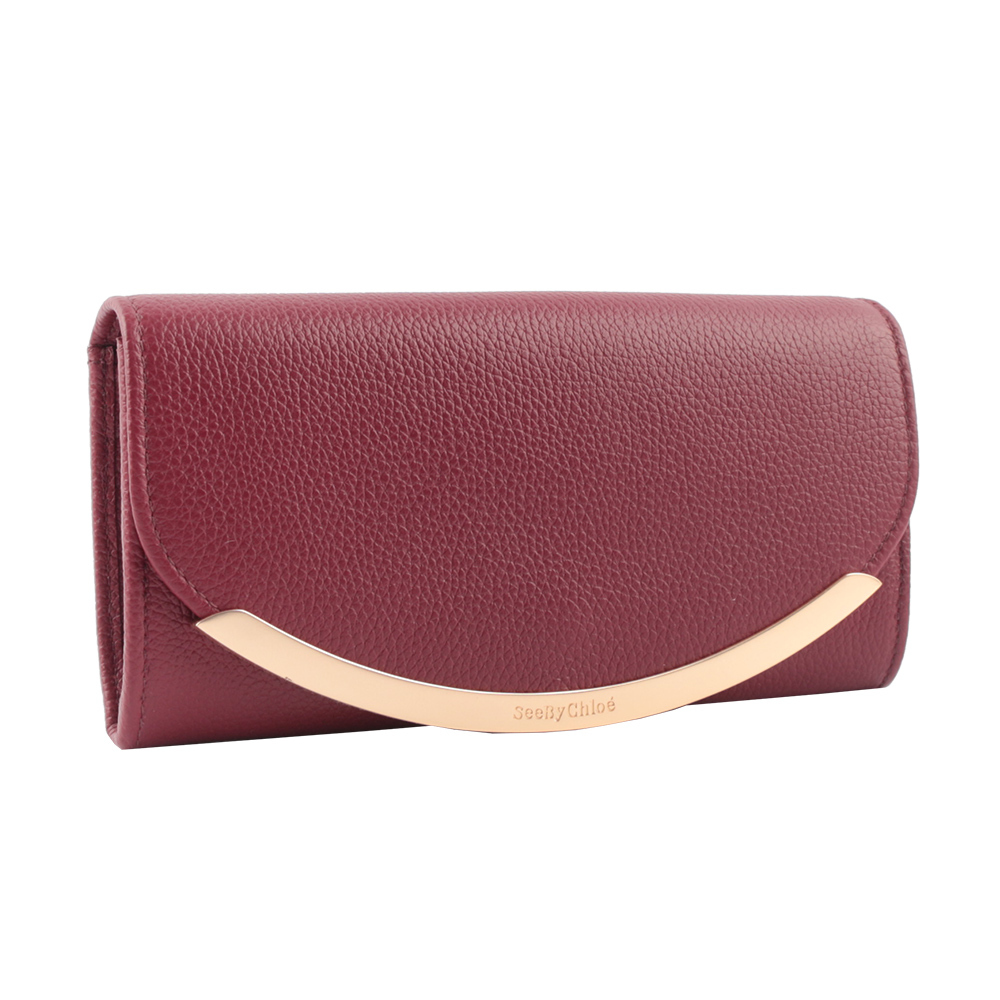 【See by Chloé】Lizzie 弧形標誌牛皮翻蓋長夾(深紅色)