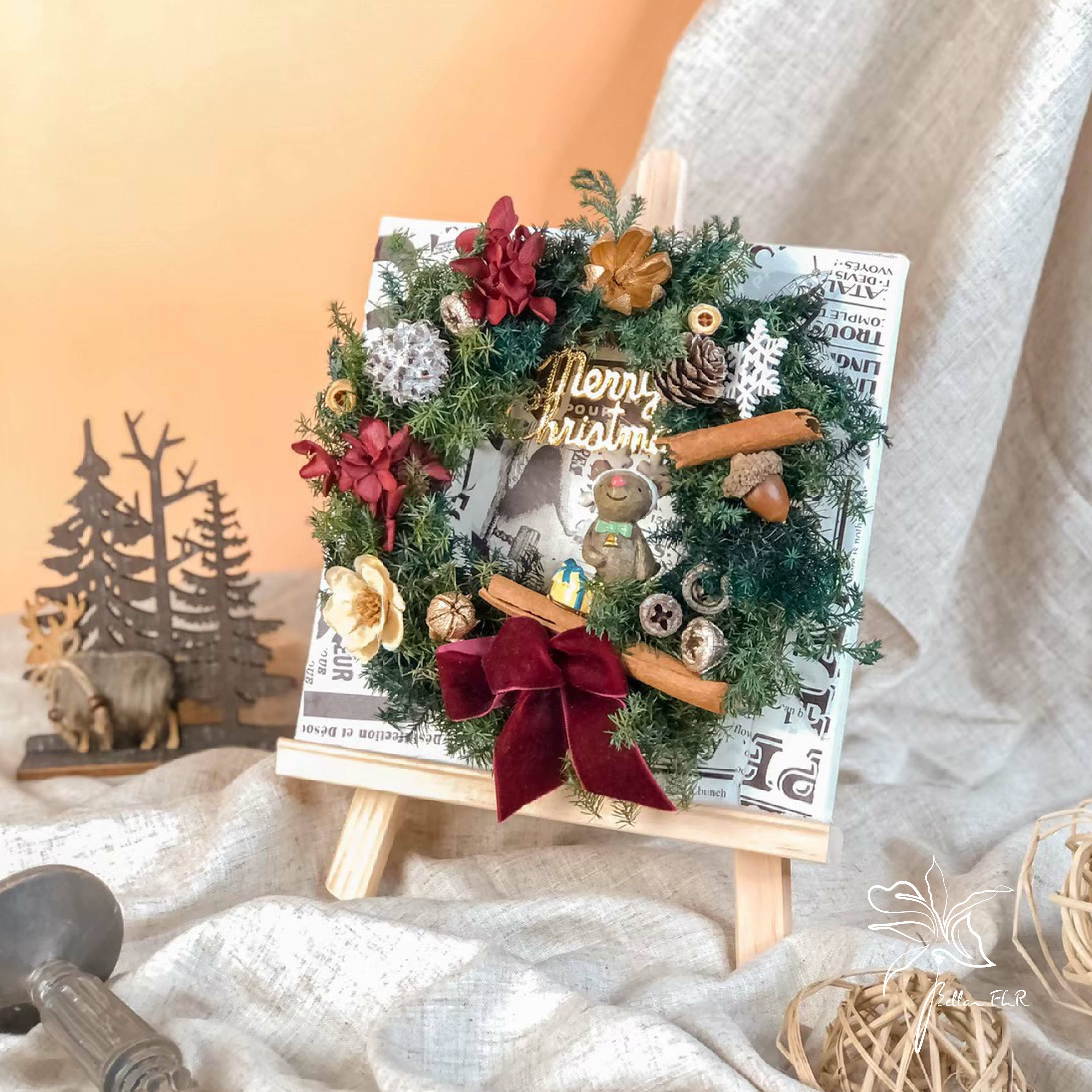 聖誕課程|【小馴鹿的聖誕派對】雪松聖誕藤圈花畫架