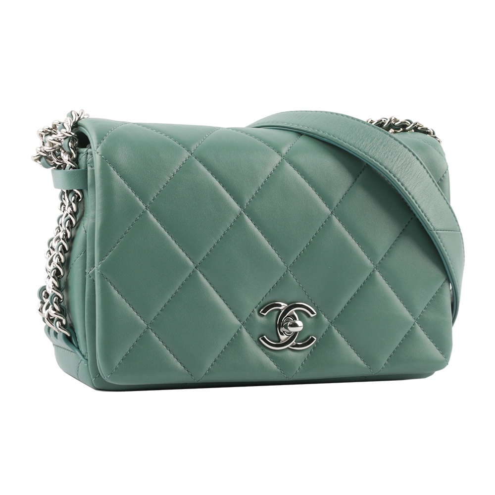 【CHANEL】菱格紋銀釦小羊皮口蓋包