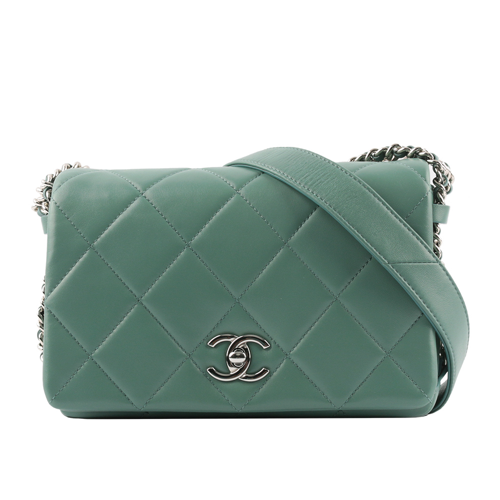 【CHANEL】菱格紋銀釦小羊皮口蓋包