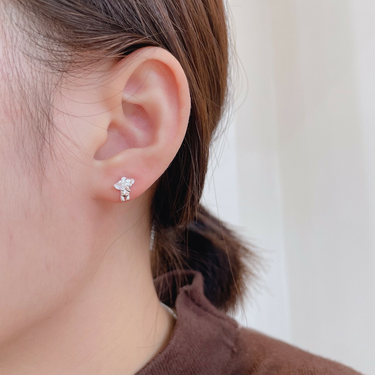|簡約|摘心心小熊 • 鋯石 • 轉珠耳環 • 純銀耳針 抗敏可碰水 S925
