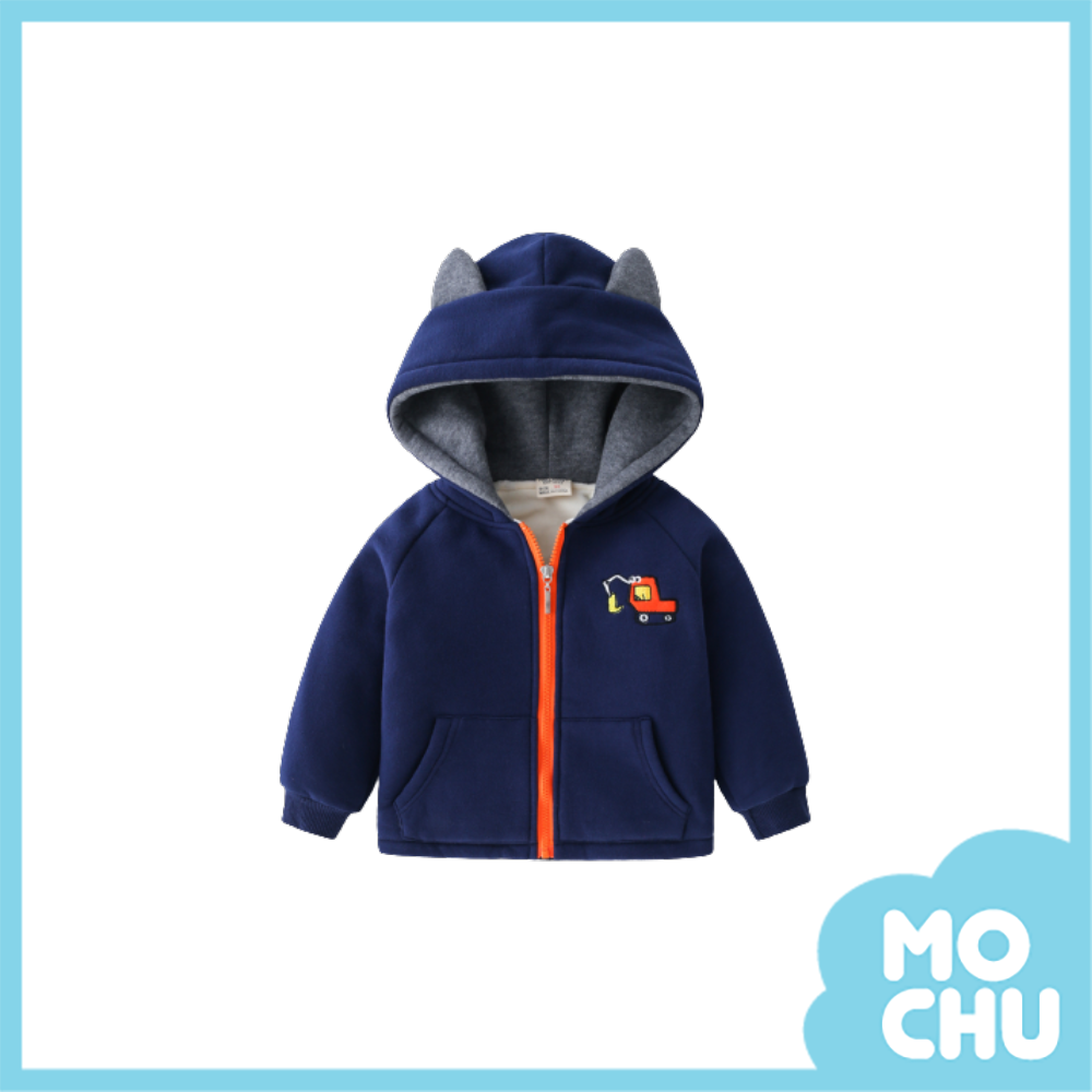 藏藍色刺繡挖土機加絨外套